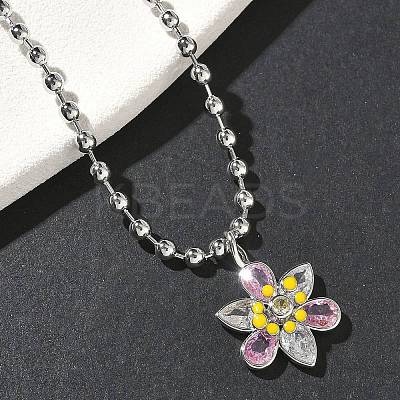 Brass Pave Pink and Clear Cubic Zirconia with Enamel Flower Pendant Ball Chain Necklaces NJEW-G183-04P-1