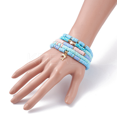 5Pcs 5 Style Polymer Clay Heishi Beaded Stretch Bracelets Set with Star and Dolphin Drop BJEW-JB07539-1