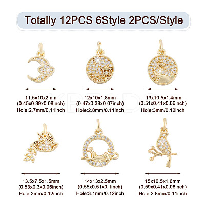12Pcs 6 Style Brass Micro Pave Clear Cubic Zirconia Charms KK-FW0001-11-1