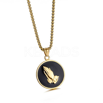 304 Stainless Steel Black Flat Round with Praying Hand Pendant Necklaces for Men FS-WGF55F0-01-1