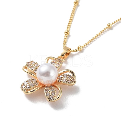 Flower Brass Micro Pave Cubic Zirconia Pendant Necklaces with Plastic Imitation Pearl NJEW-A015-02KCG-1