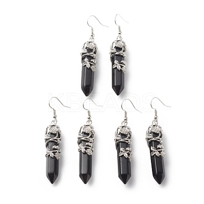 Natural Obsidian Bullet with Flower Dangle Earrings EJEW-G300-02P-06-1