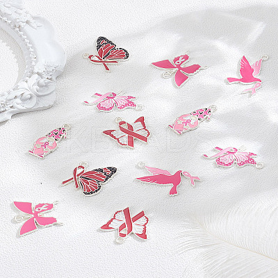 12Pcs 6 Styles Breast Cancer Pink Awareness Ribbon Theme Alloy Enamel Pendants ENAM-LP0002-40-1