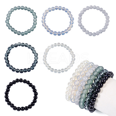 6Pcs 6 Styles 8mm Glass Round Beaded Stretch Bracelet Sets BJEW-TAC0024-1