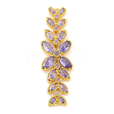 Brass Pave Lilac Cubic Zirconia Flower with Leaf Links Connector Charms KK-P277-52G-03-1
