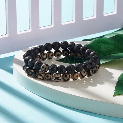 2Pcs 2 Style Natural Tibetan 3-Eye dZi Agate & Lava Rock Mala Bead Bracelets Set BJEW-JB07889-1
