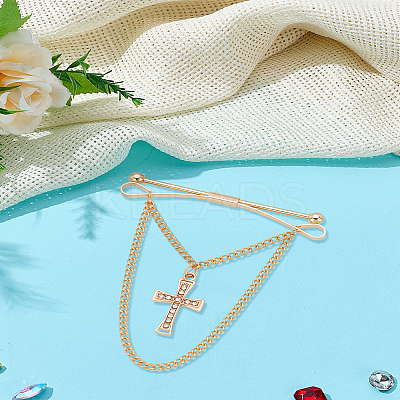 1Pc Cross Brass Rhinestone Hanging Chains Collar Pins Tie Clips AJEW-LP0002-47G-1