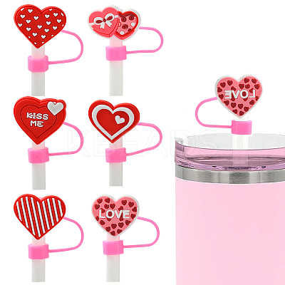 12Pcs 6 Styles Valentine's Day Theme PVC & Silicone Dustproof Straw Cap AJEW-CJ0001-26-1
