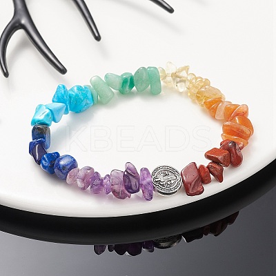 Natural Mixed Gemstone Chips & Alloy Saint Benedict Beaded Stretch Bracelets BJEW-JB09400-1