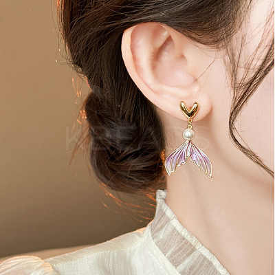 Fishtail Alloy Plastic Pearl Dangle Stud Earrings FS-WG851AA-01-1