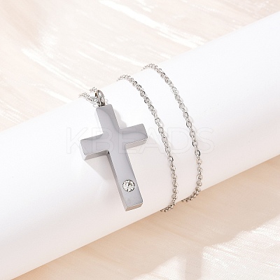 304 Stainless Steel Pave Clear Cubic Zirconia Cross Pendant Pet Urn Ashes Necklaces LS-NJEW-S455-07P-1