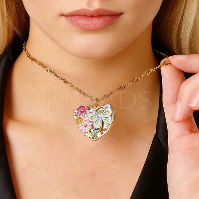Brass Colorful Enamel Hollow Flower Butterfly Heart Locket Pendant Necklaces for Women WG264A9-01-1