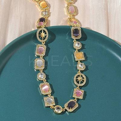 Brass Micro Pave Clear Cubic Zirconia with Multicolor Cat Eye Rectangle Square Oval Tennis Necklaces NJEW-G183-05G-1