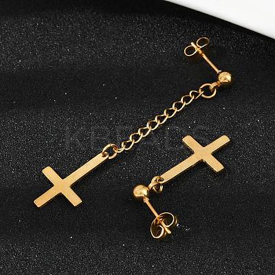 Christian Upside Down Cross 201 Stainless Steel Dangle Stud Earrings EJEW-P314-01C-G-1