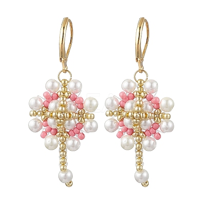 Flower with Cross 304 Stainless Steel Earrings Glass Seeds Leverback Earrings EJEW-MZ00507-05-1