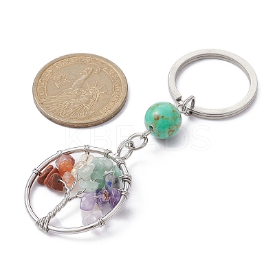Natural Mixed Stone & Synthetic Turquoise Chips Flat Round with Tree of Life Kcychain KEYC-JKC00563-05-1