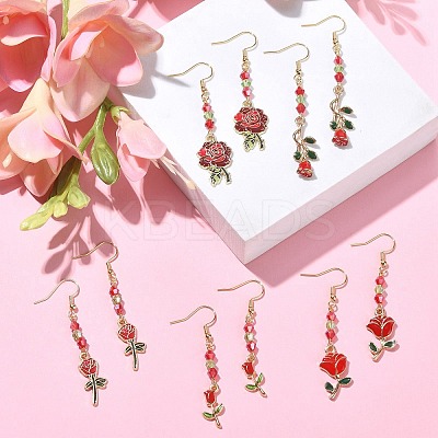 Valentine's Day Theme Alloy Enamel Rose Dangle Earrings with Glass Beaded EJEW-JE05336-1