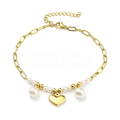 PVD Vacuum Plating 304 Stainless Steel Heart Charm Bracelet BJEW-Z016-06G-1