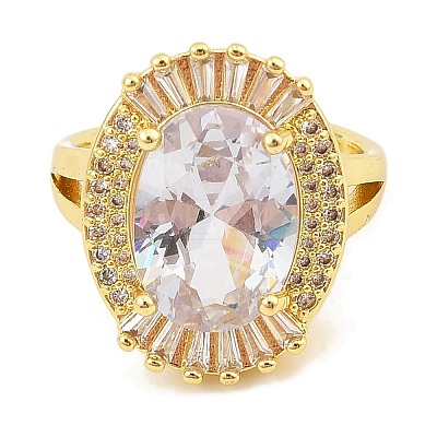 Oval Rack Plating Brass Micro Pave Cubic Zirconia Open Cuff Rings for Women RJEW-S392-01G-B-1
