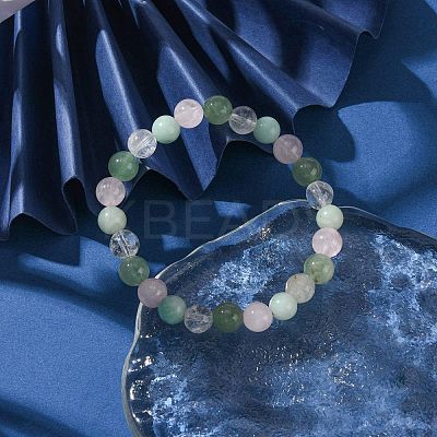 Natural Amazonite & Rose Quartz & Quartz Crystal & Green Aventurine Round Beaded Stretch Bracelets BJEW-JB10910-10-1