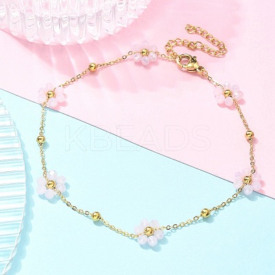 304 Stainless Steel & Synthetic Stone Daisy Flower Chain Anklets for Women LS-AJEW-B031-01G-02-1