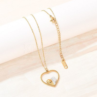 304 Stainless Steel with Polymer Clay Crystal Rhinestone Heart Pendant Necklaces for Women NJEW-A064-03G-1