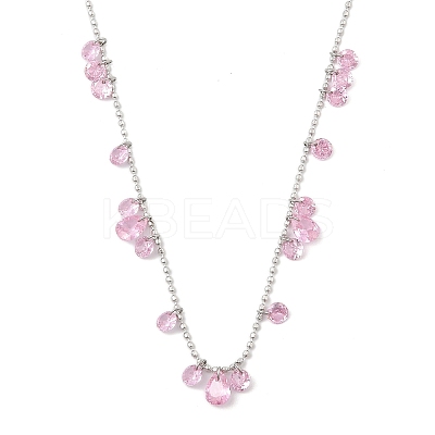 304 Stainless Steel Cubic Zirconia Teardrop & Flat Round Bib Ball Chain Necklaces for Women NJEW-F328-11P-08-1