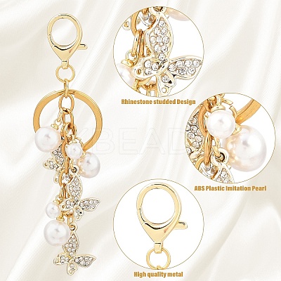 Alloy Rhinestone Butterfly with ABS Plastic Pearl Bead Pendant Decorations KEYC-YW00223-1