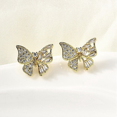 Brass Clear Cubic Zirconia Butterfly Stud Earrings EJEW-L261-029C-G-1