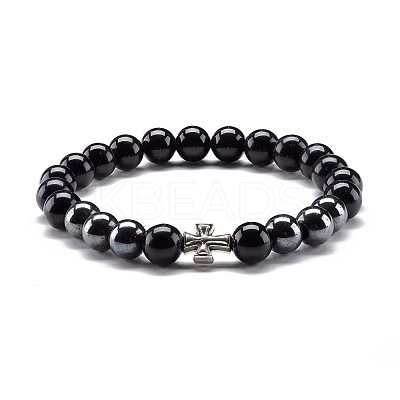 Natural Obsidian & Non-Magnetic Synthetic Hematite Round Beads Energy Stretch Bracelet for Men Women BJEW-JB06968-04-1