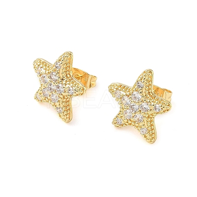 Starfish Brass Micro Pave Clear Cubic Zirconia Stud Earrings EJEW-Z144-19G-1