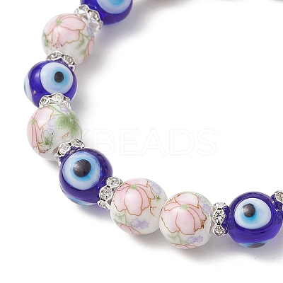Handmade Flower Printed Porcelain Ceramic & Handmade Lampwork Evil Eye Beads Stretch Bracelets for Women BJEW-JB12105-03-1