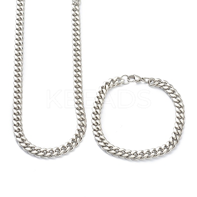 304 Stainless Steel Cuban Link Chain Bracelets & Necklaces Jewelry Sets SJEW-B019-03B-P-1