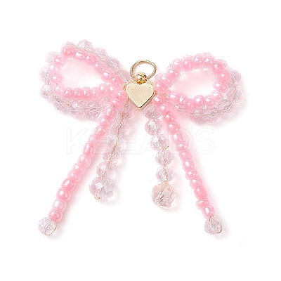 Glass Seed Beaded Bowknot with Heart Pendants PALLOY-MZ01162-01-1