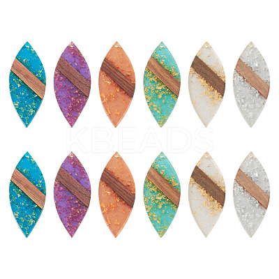 12Pcs 6 Colors Transparent Resin & Walnut Wood Big Pendants WOOD-TA0002-46-1