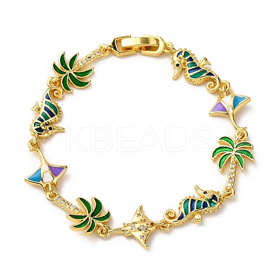 Ocean Theme Brass Cubic Zirconia with Enamel Link Bracelets for Women BJEW-F514-01B-G-1