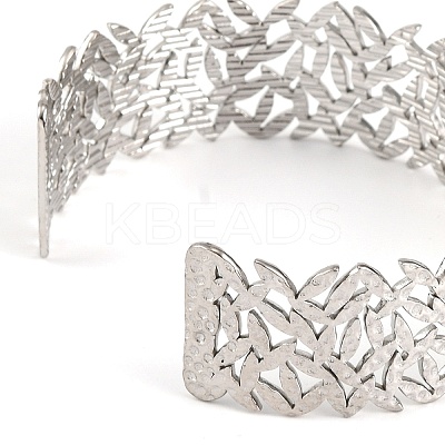 Non-Tarnish 304 Stainless Steel Hollow Leaf Open Cuff Bangles for Women BJEW-K241-03D-P-1