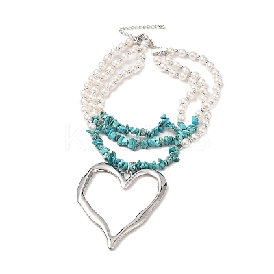 Boho Dyed Synthetic Turquoise Chip & Plastic Pearl Multi Layered Necklaces LS-NJEW-U006-04B-P-1