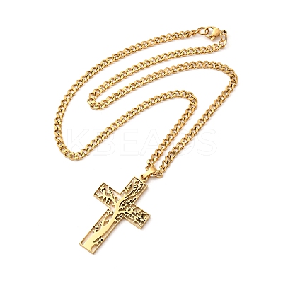304 Stainless Steel Cross with Tree of Life Pendant Necklaces LS-NJEW-M197-02G-1