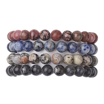 4Pcs Constellation 8mm Round Natural Larvikite & Blue Spot Jasper & Rhodonite & Picasso Jasper Beaded Stretch Bracelets for Women BJEW-JB10639-1
