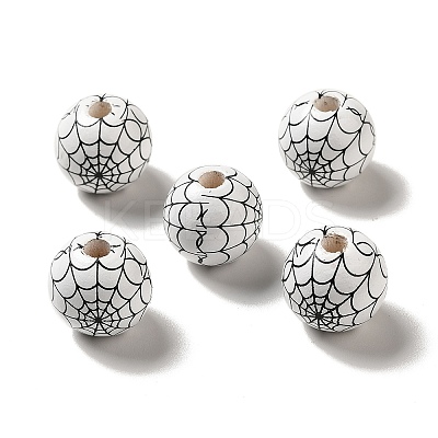 Halloween Printed Spider Webs Colored Wood European Beads WOOD-K007-04G-1