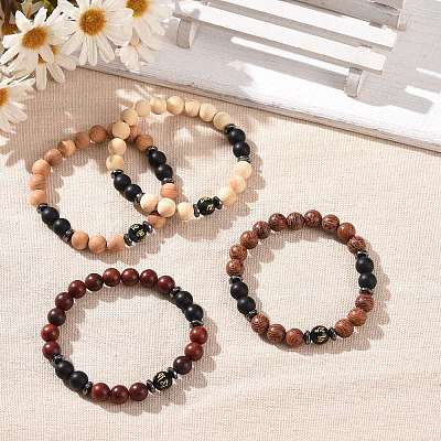 Wooden & Non-magnetic Synthetic Hematite Beaded Bracelet Sets BJEW-JB09063-1