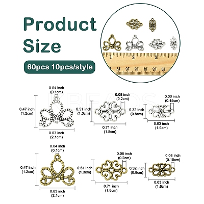 60Pcs 6 Styles Tibetan Style Links/Connectors TIBE-YW0001-68-1-1