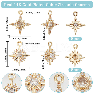 16Pcs 2 Style Brass Micro Pave Clear Cubic Zirconia Charms KK-BBC0010-97-1