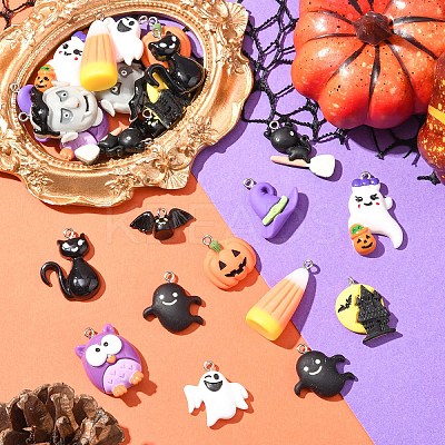 24Pcs 12 Styles Halloween Opaque Resin Pendants RESI-YW0004-84-1
