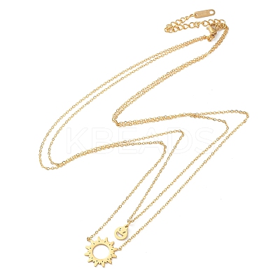 304 Stainless Steel Sun and Smiling Face Pendant Double Layer Necklaces for Women NJEW-A045-14G-1