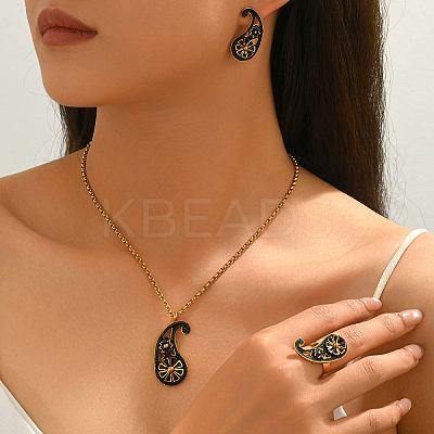 Vintage 201 Stainless Steel Enamel Paisley Stud Earrings & Pendant Necklace & Rings Sets ZB5227-1