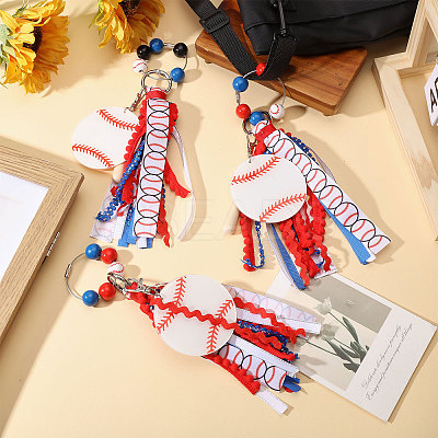 2Pcs Baseball Polyester & Wood & Zinc Alloy & Acrylic Pendant Keychains KEYC-CA0001-59-1