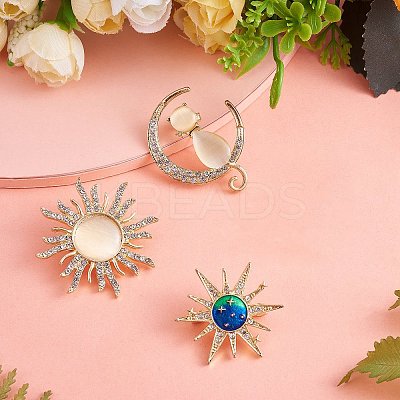 3Pcs 3 Style Rhinestone Sun & Moon with Cat Enamel Pins JBR077A-1