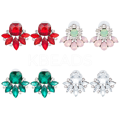 4 Pairs 4 Color Glass Flower Stud Earrings with Crystal Rhinestone EJEW-AN0002-57-1
